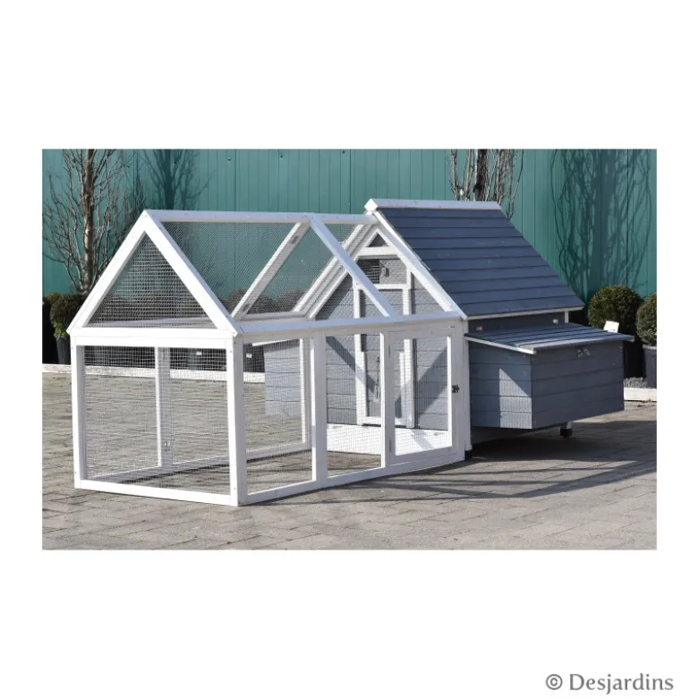 Poulailler en bois avec extension 227x117x110cm gris/blanc - DESJARDINS